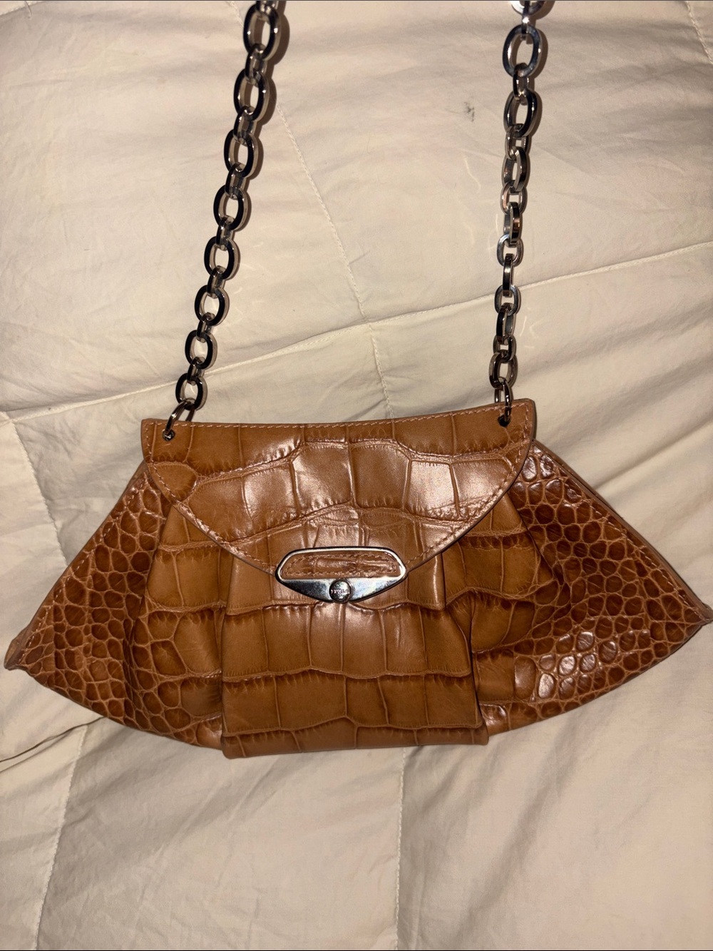 FURLA Croc-Embossed Leather Chain Shoulder Bag in Cognac